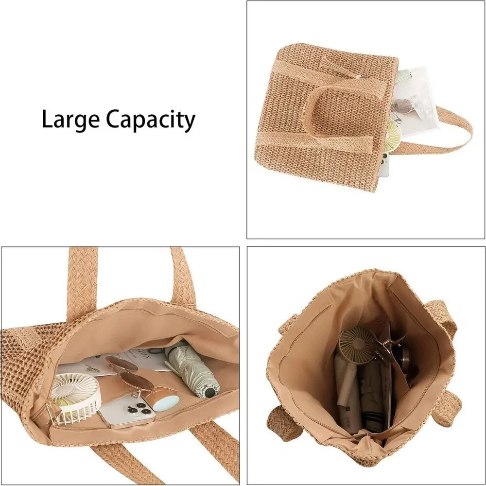Womens Straw Woven Tote Bag Large Capacity Summer Beach Shoulder Purse